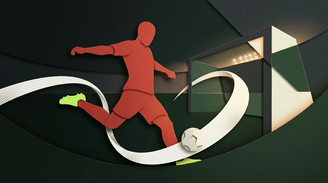 An editorial illustration of a red-shirted footballer taking a shot.