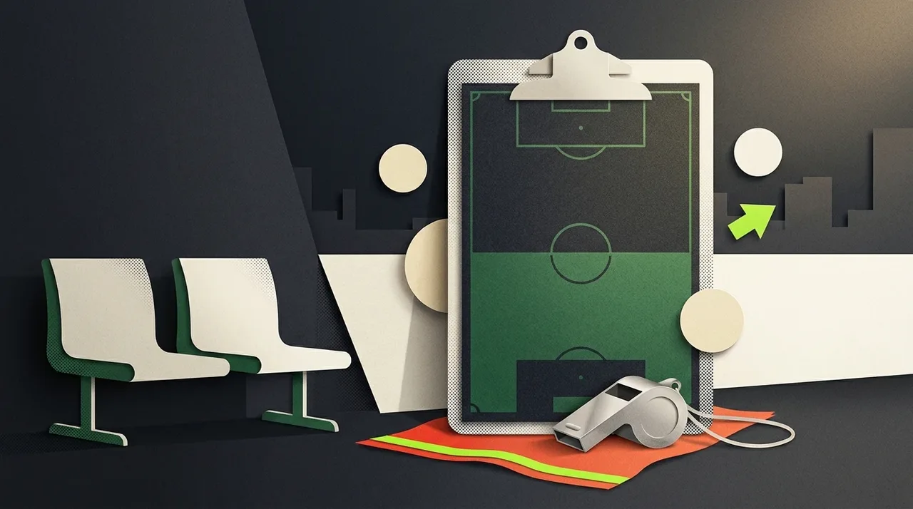 An illustrated coaching clipboard and whistle beside sideline seats.