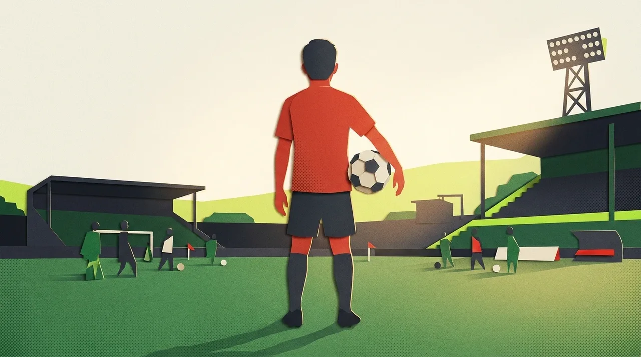 An illustration of a young footballer looking across a training pitch.