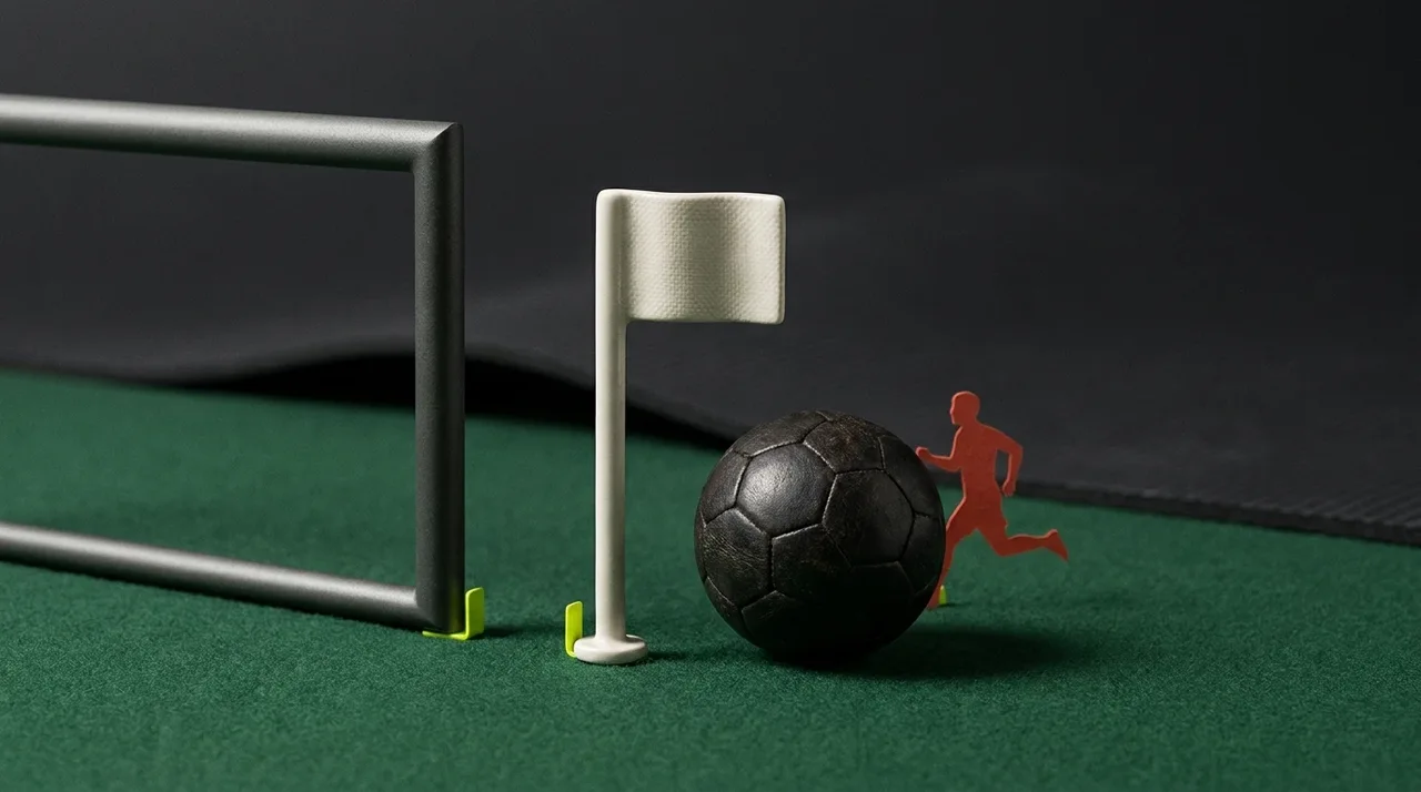 A corner flag, football and goal frame in a miniature still life.