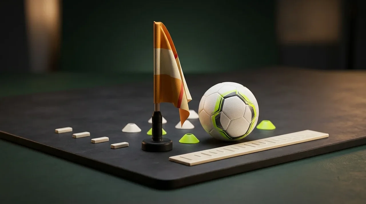 A referee flag and measuring line beside a football.